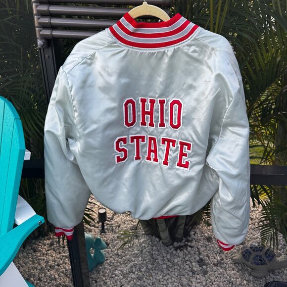Vintage Ohio State Buckeyes Satin Holloway Snap Jacket Silver Red Mens Large - Picture 7 of 12
